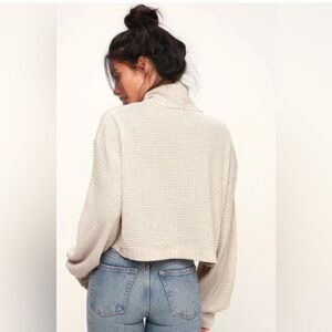 Free People Cropped Cream Waffle Knit Turtleneck Lightweight Sweater